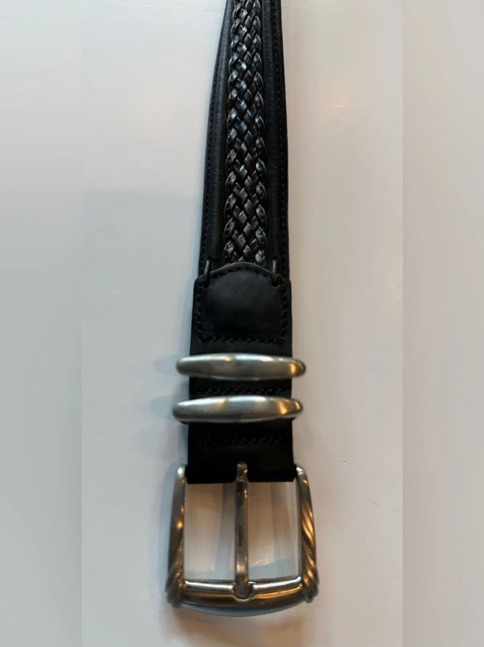 Tommy Bahama Leather Belt Braided Inlay Black Brown Mens 38 Made In Spain TB5082